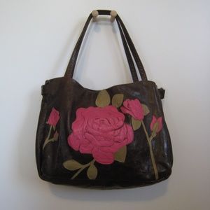 Magenta Rose Garden On Dark Brown Leather Bag